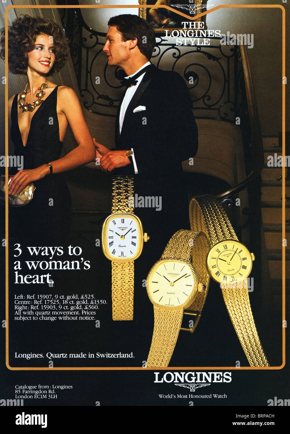 LONGINES gold watches colour advert in English fashion magazine circa 1983 Stock Photo