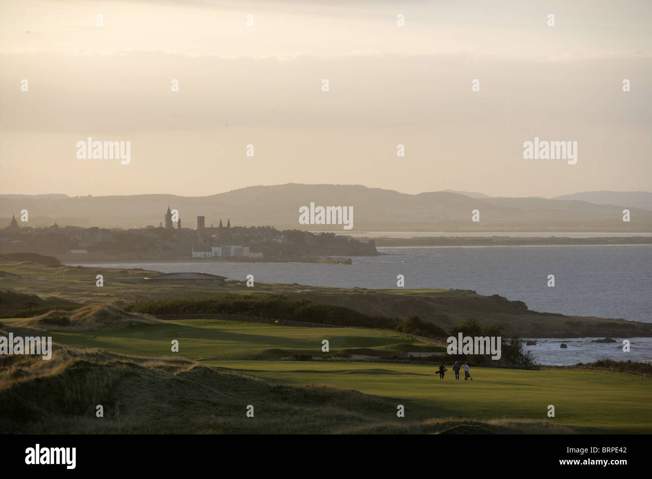 Golfers on the Torrance Course in St Andrews at sunset. Stock Photo