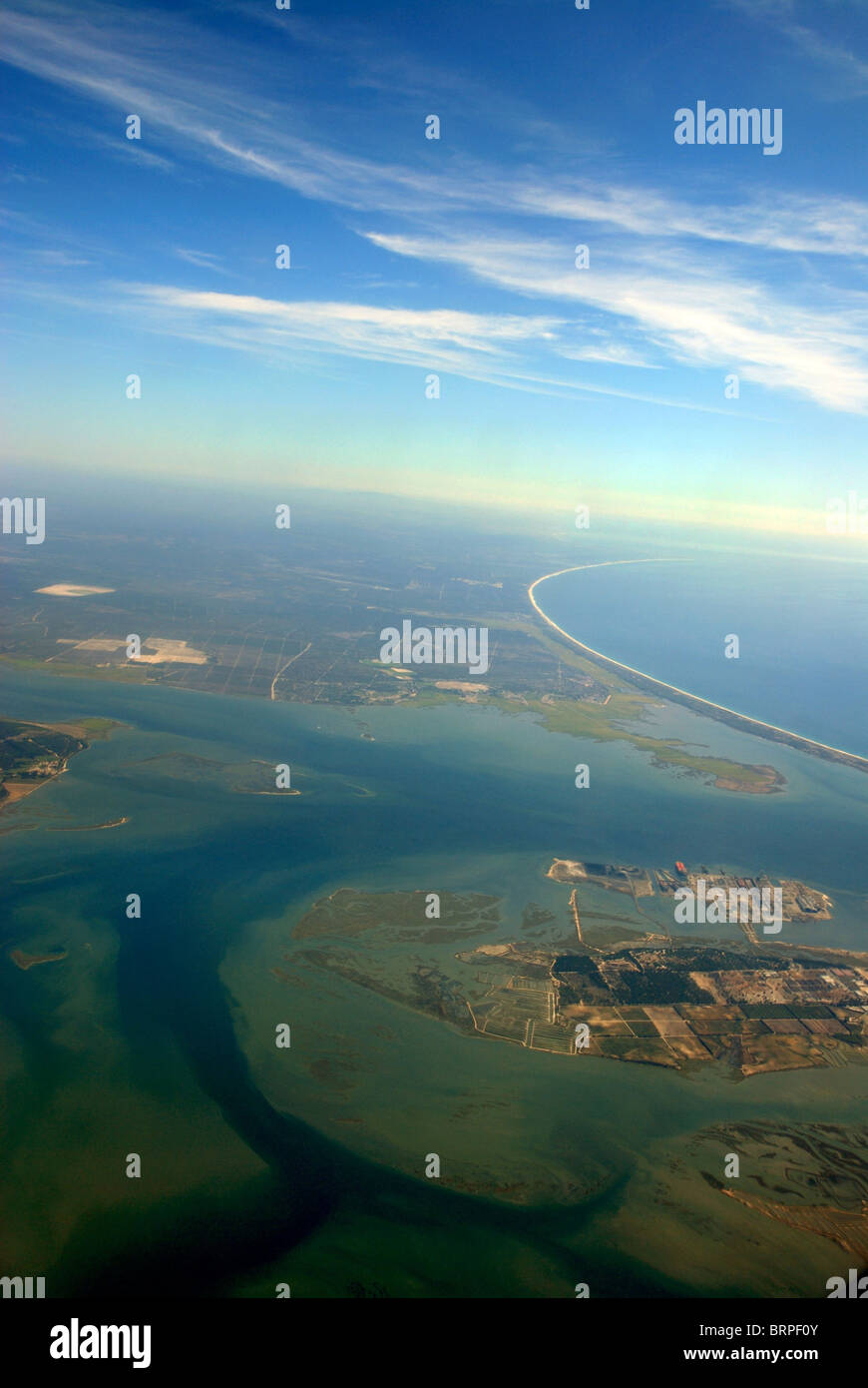 Lisbon coast - view by plane flying over Lisboa - Portugal - Atlantic ocean - Tagus River - Rio Tejo view Stock Photo