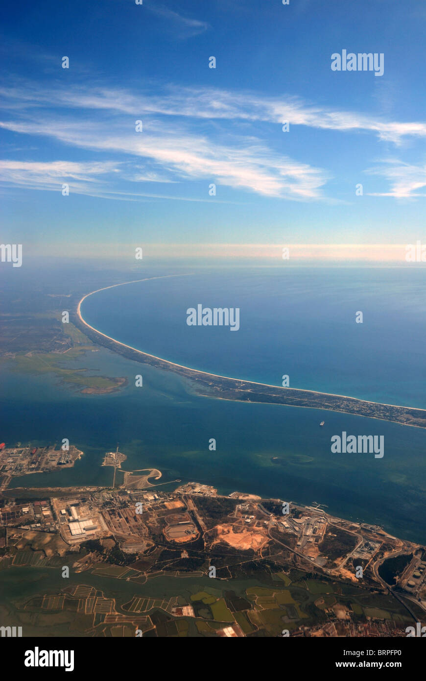 Lisbon coast - view by plane flying over Lisboa - Portugal - Atlantic ocean - Tagus River - Rio Tejo view Stock Photo