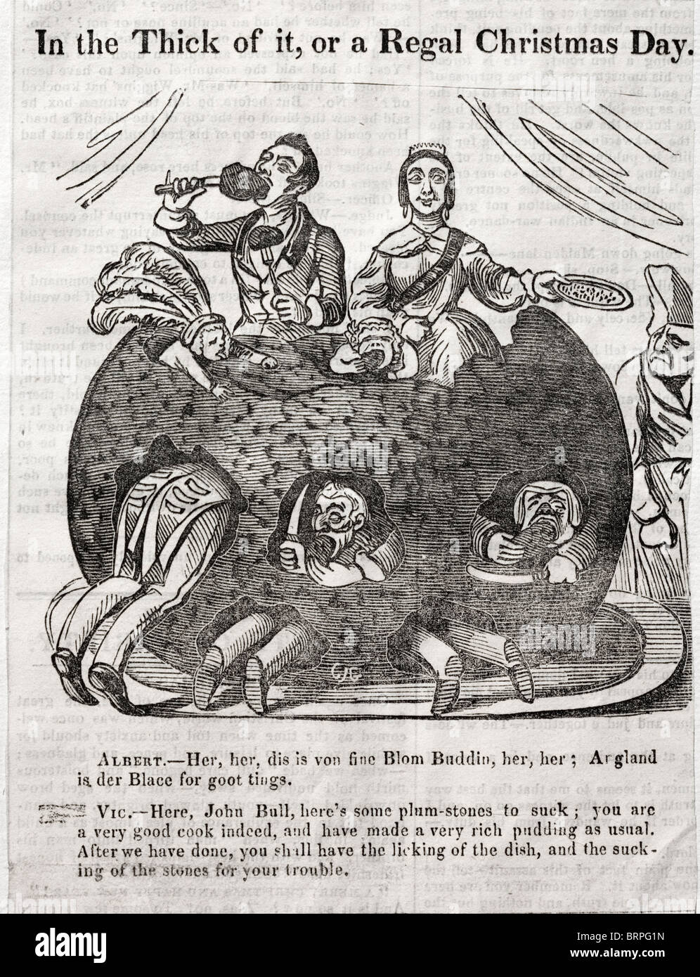 Victorian newspaper cartoon 'In the Thick of it, or a Regal Christmas Day'. Queen Victoria and Prince Albert in giant pudding Stock Photo