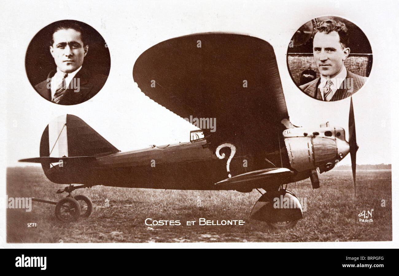 Dieudonne Costes and Maurice Bellonte. French pilots who crossed the Atlantic Ocean from East to West. Shown with their Breguet Stock Photo