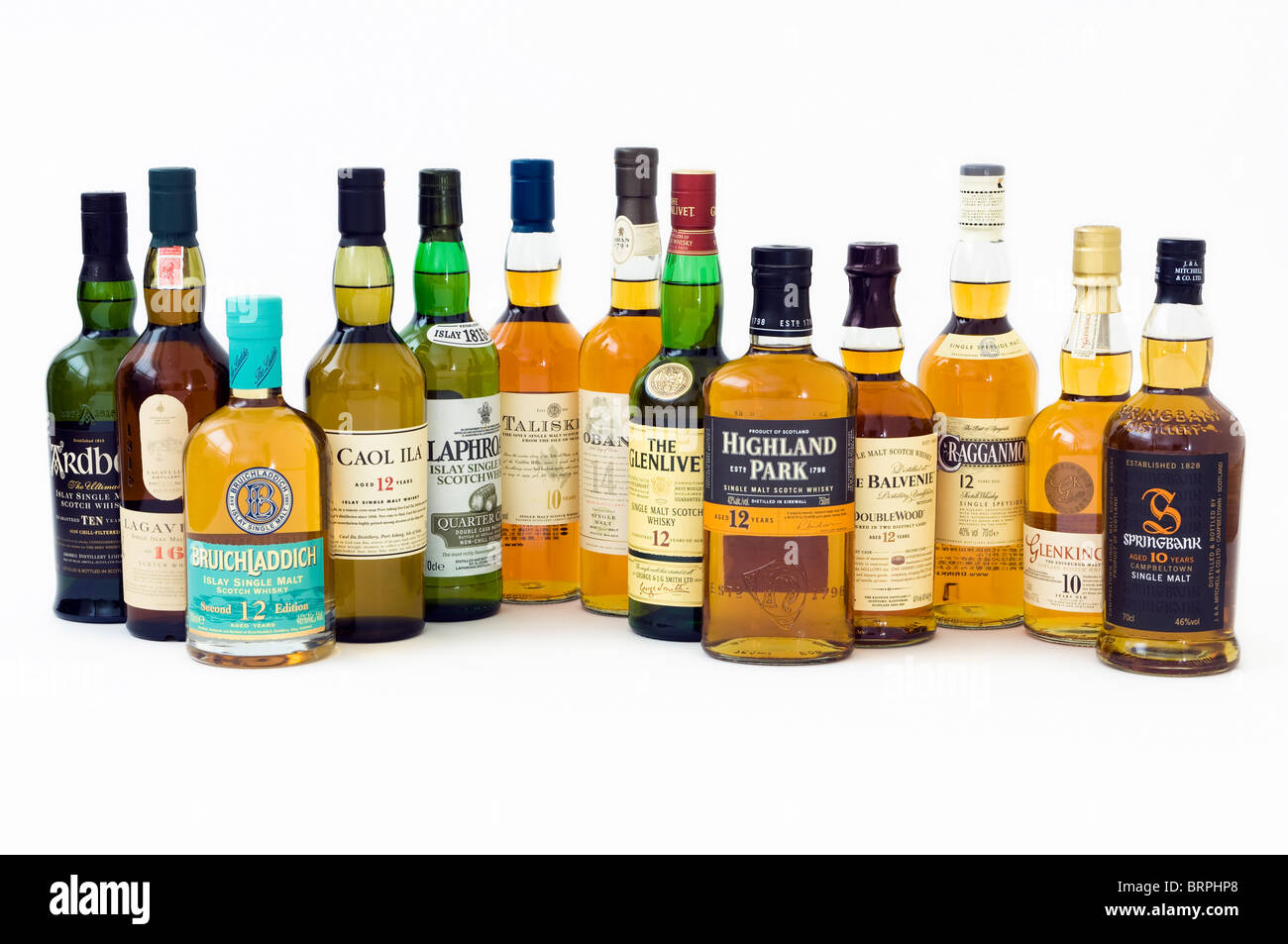 A variety of single malt Scotch whiskies from all major whiskey producing regions in Scotland Stock Photo