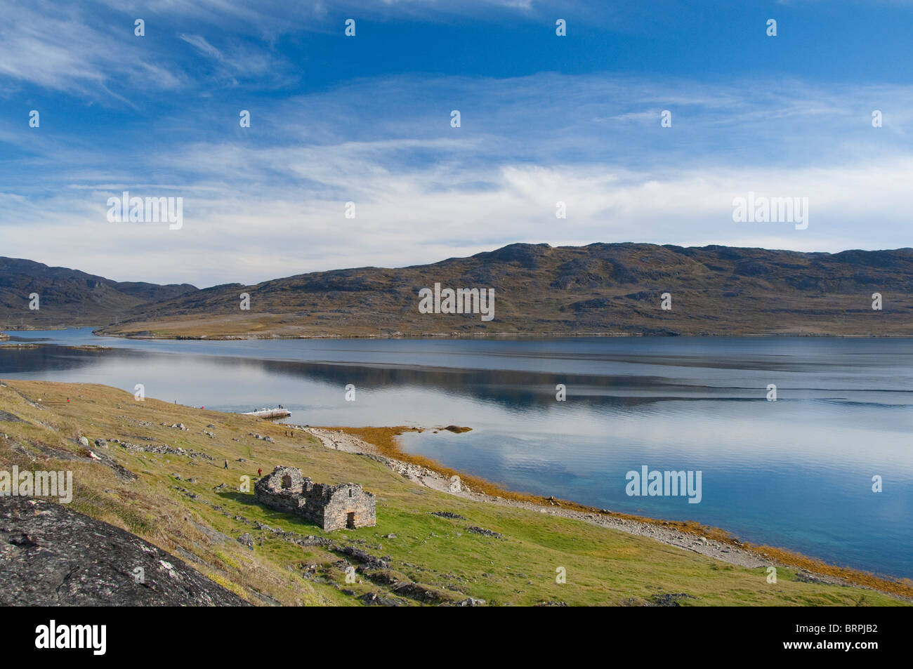 Greenland, Qaqortoq, Hvalsey (aka Whale Island). 14th c. stone ruins of Hvalsey Church (aka Hvalso Kirkeruin). Stock Photo