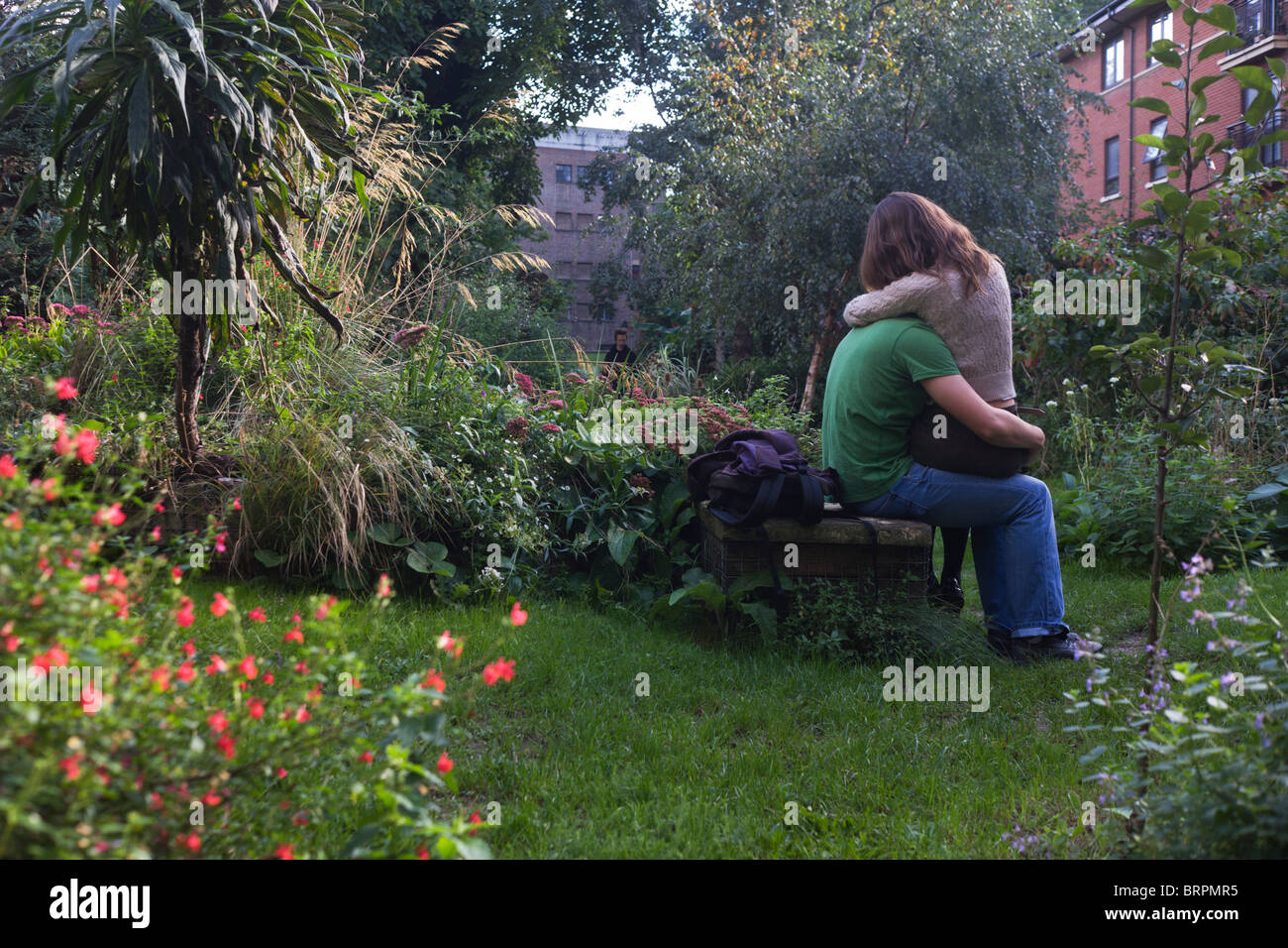 As two young lovers cuddle intimately in Phoenix Gardens, a voyeuristic stranger seemingly looks through bushes. Stock Photo