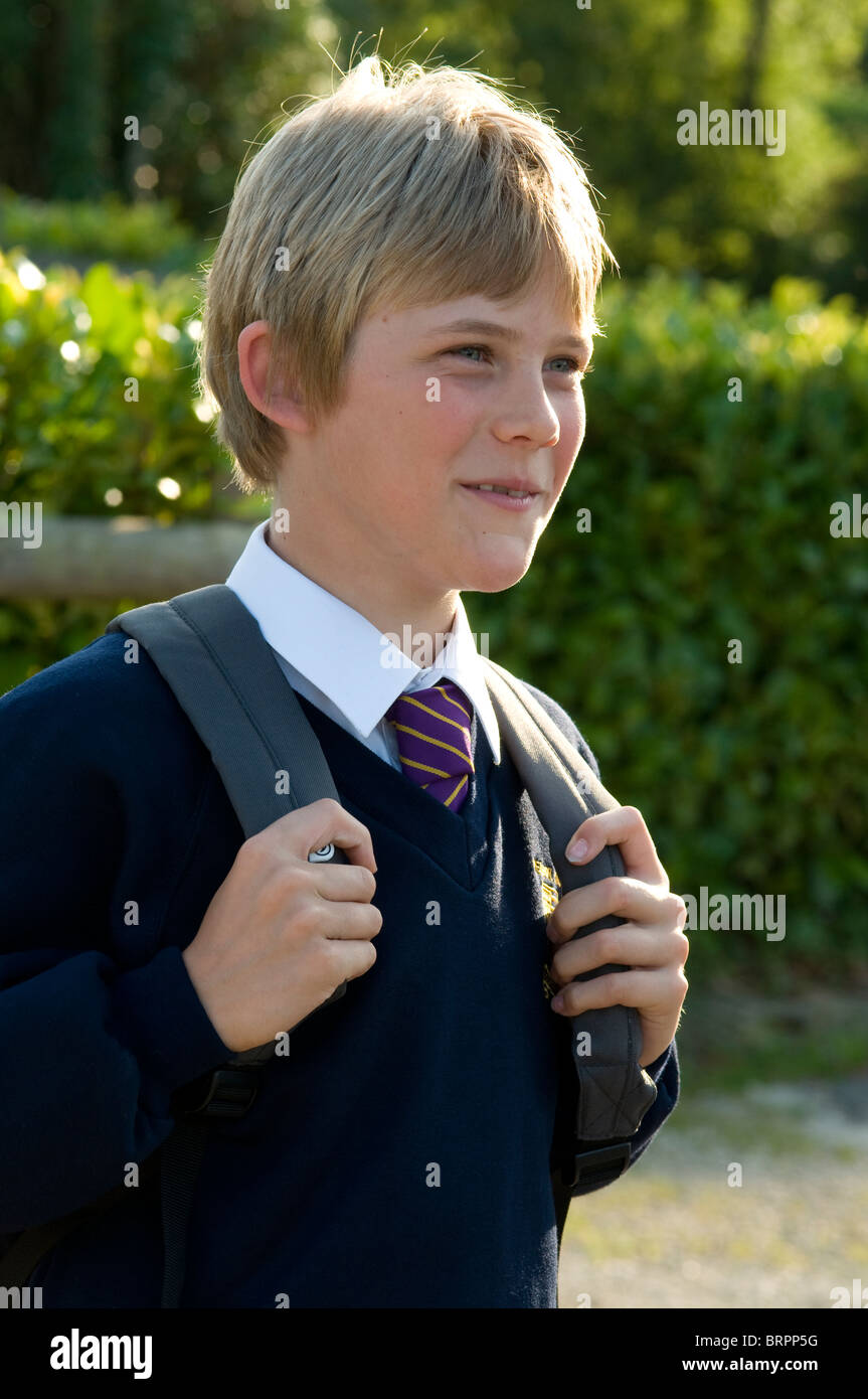 Schoolboy wearing school uniform on his first day at school Stock Photo