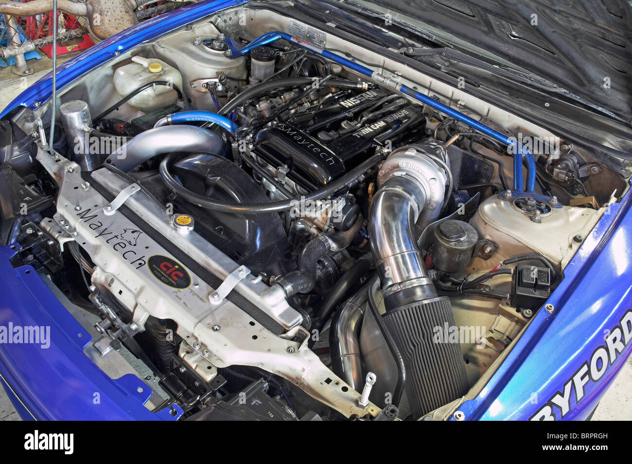 Modified and turbocharged Nissan SR20DET four cylinder engine as used