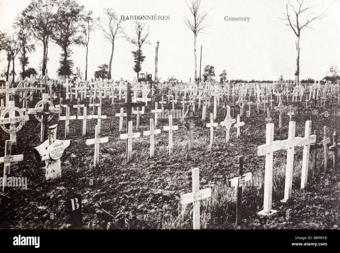 Original World War I cemetery with wooden crosses at Harbonnières in the Somme, France before replacement with headstones. Stock Photo