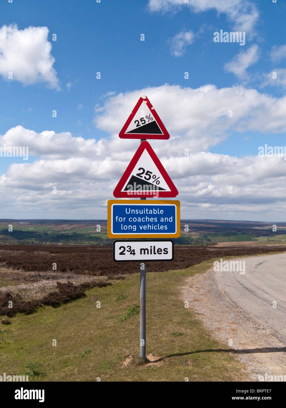 Road signs, warning sign steep hill, North York Moors, Yorkshire UK Stock Photo