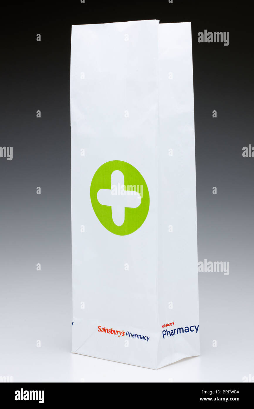 White Sainsbury's pharmacy dispensing bag. EDITORIAL ONLY Stock Photo