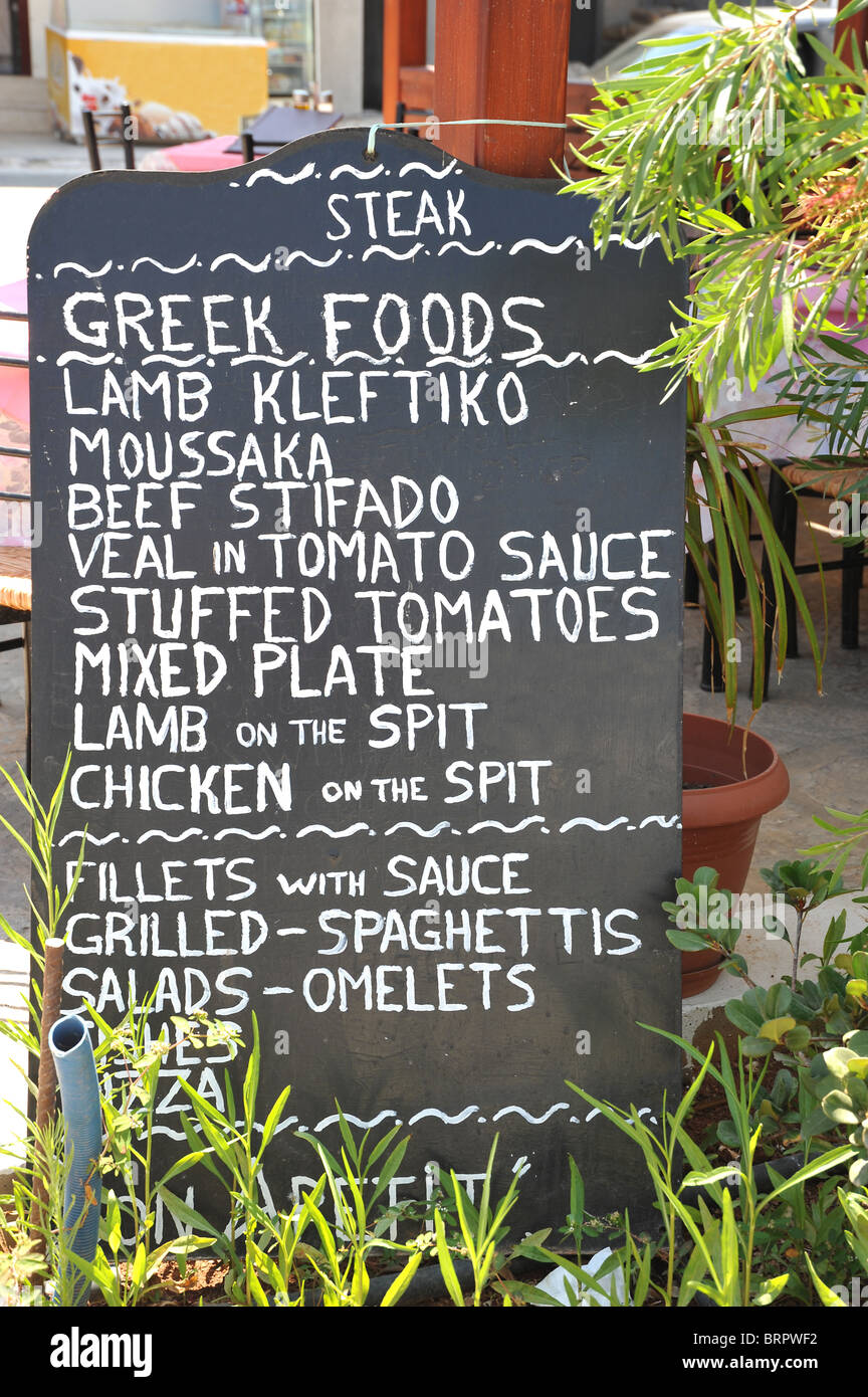 Greek restaurant menu chalk black board Stock Photo