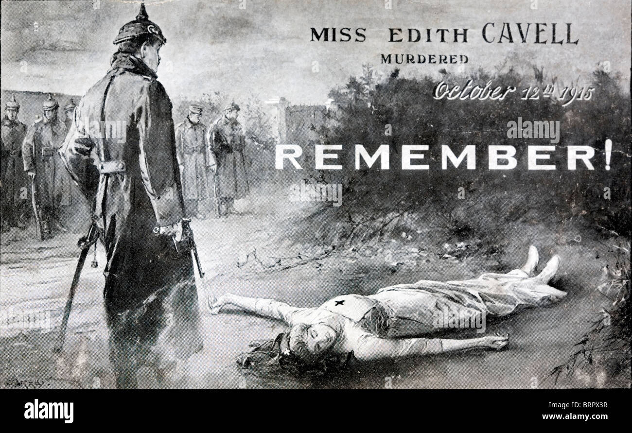 First World War card commemorating the death of Nurse Edith Cavell. Famous for saying that 'Patriotism is not enough'. Stock Photo