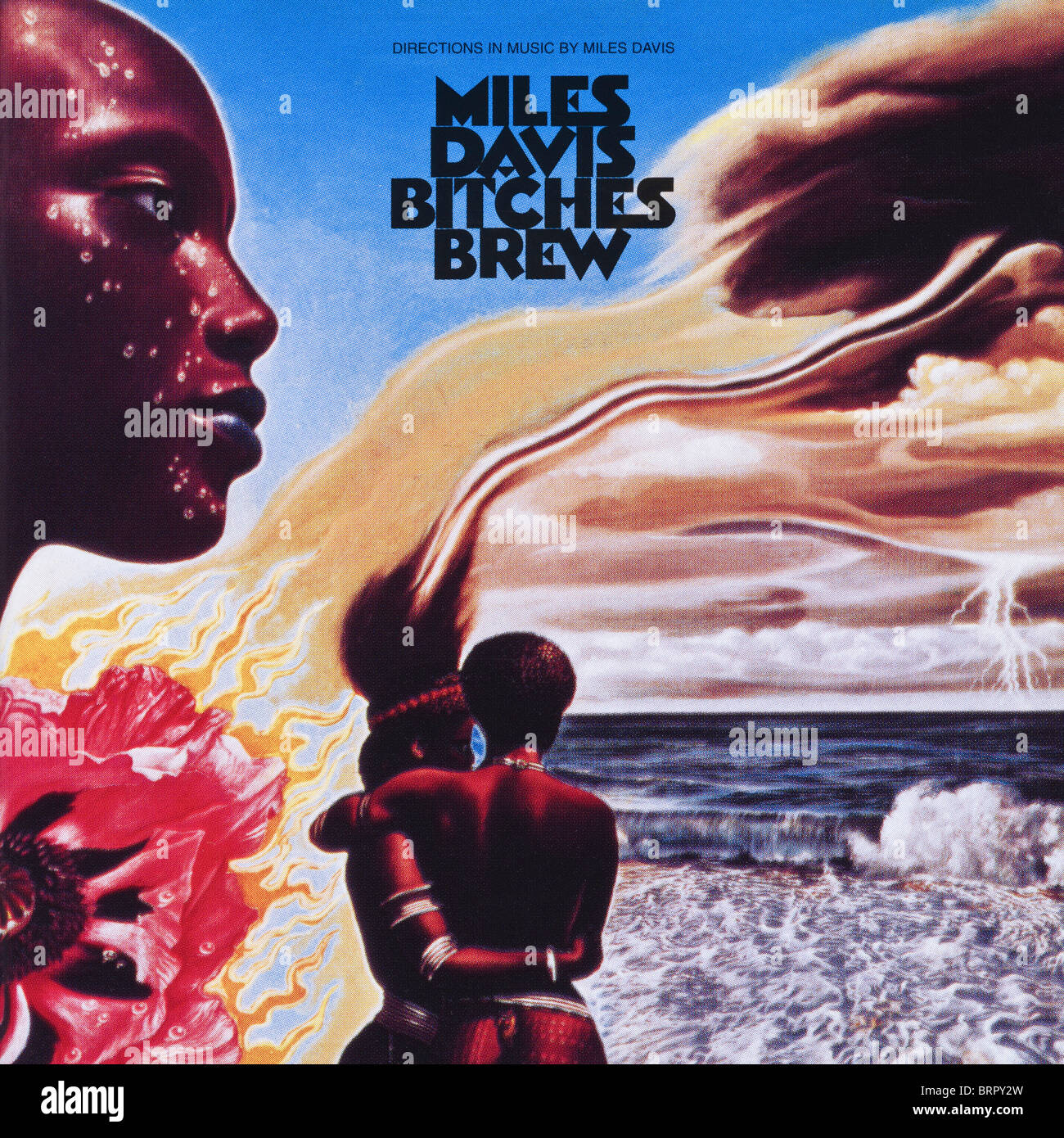 Album cover of Bitches Brew by jazz trumpet player Miles Davis released by Columbia Records in 1970 Stock Photo