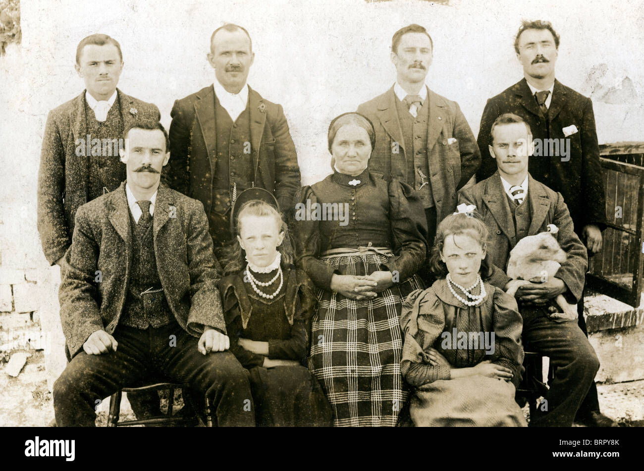 Elizabeth 'Grandma' Morris with some of her 13 children she was midwife to local community of Varteg near Pontypool circa 1895 Stock Photo