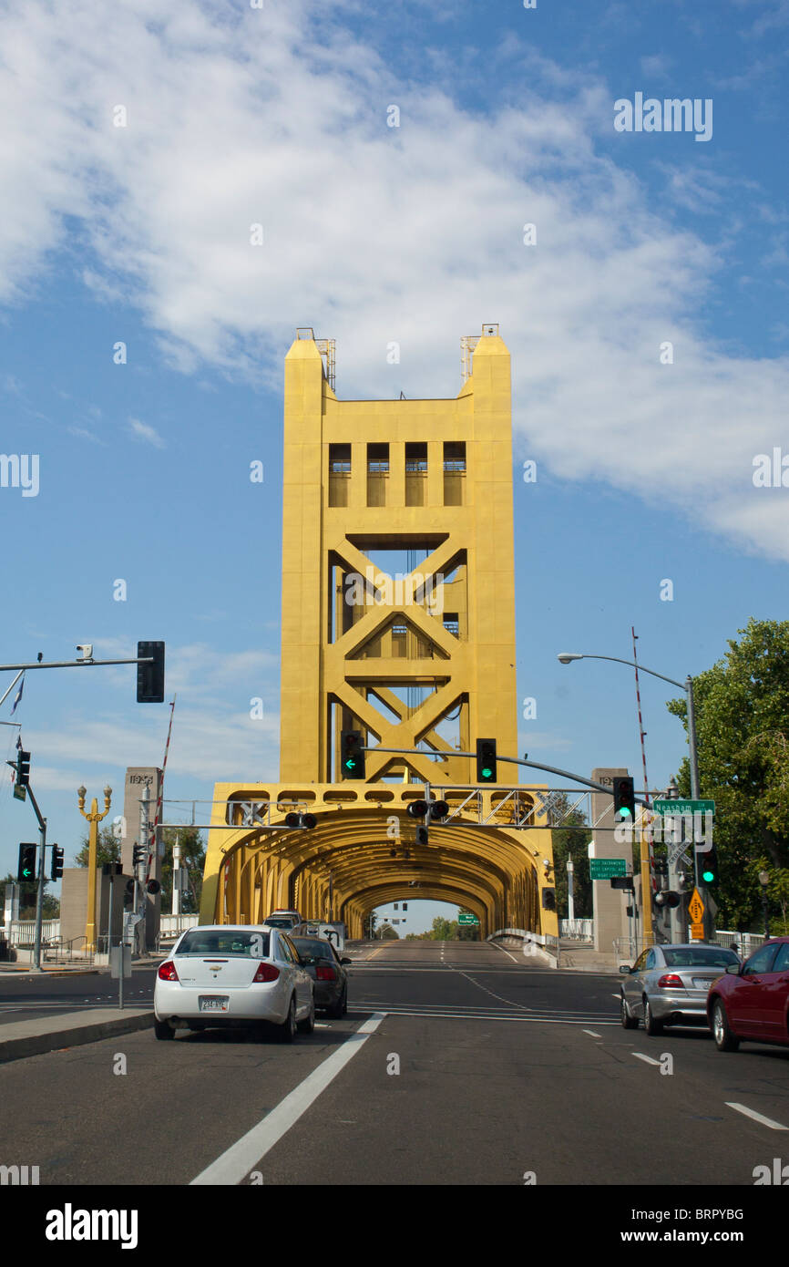 A photo of the tower bridge from inside a vehicle while driving across Stock Photo