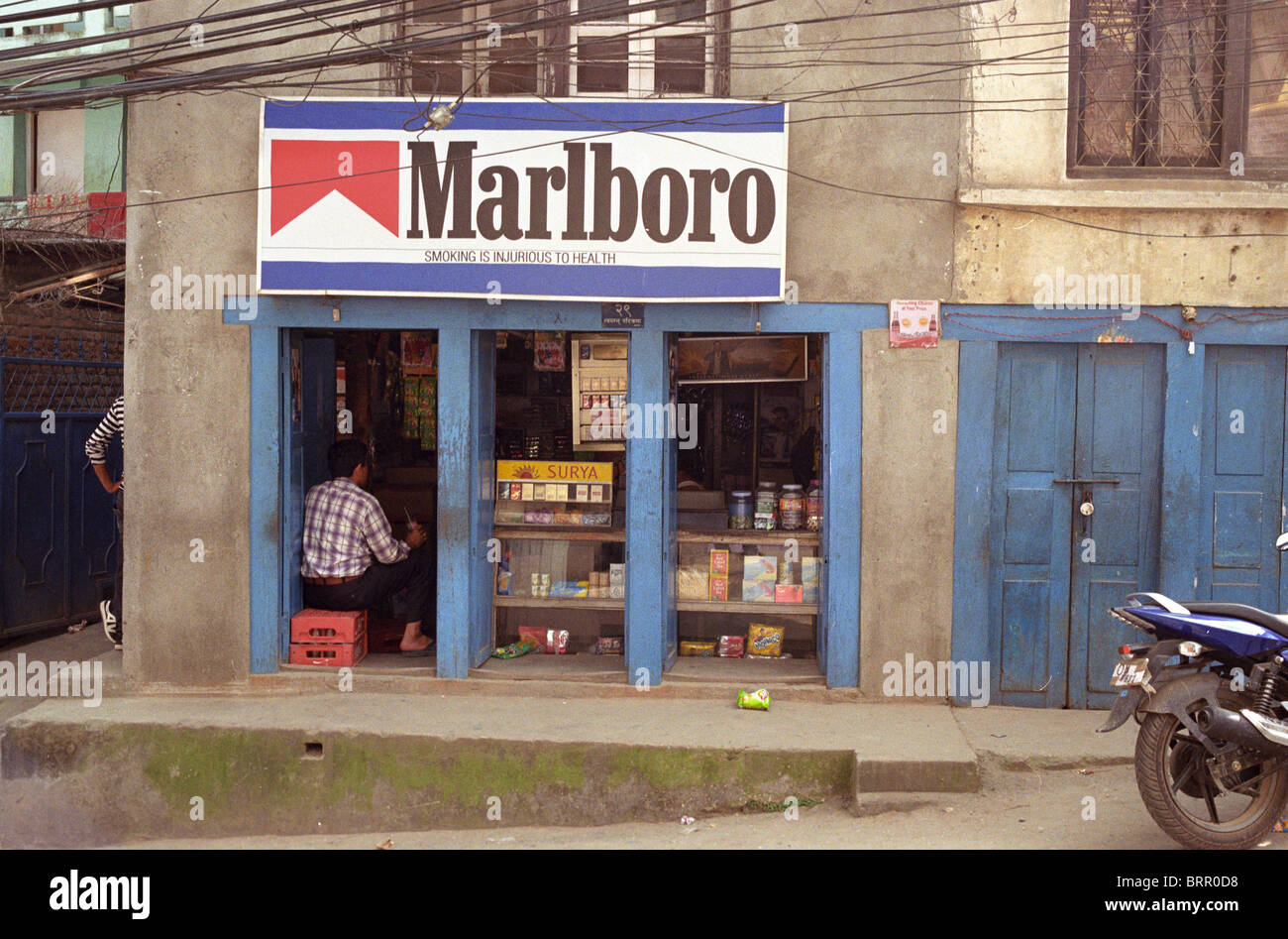 Marlboro sign above a Kathmandu shop front. Stock Photo