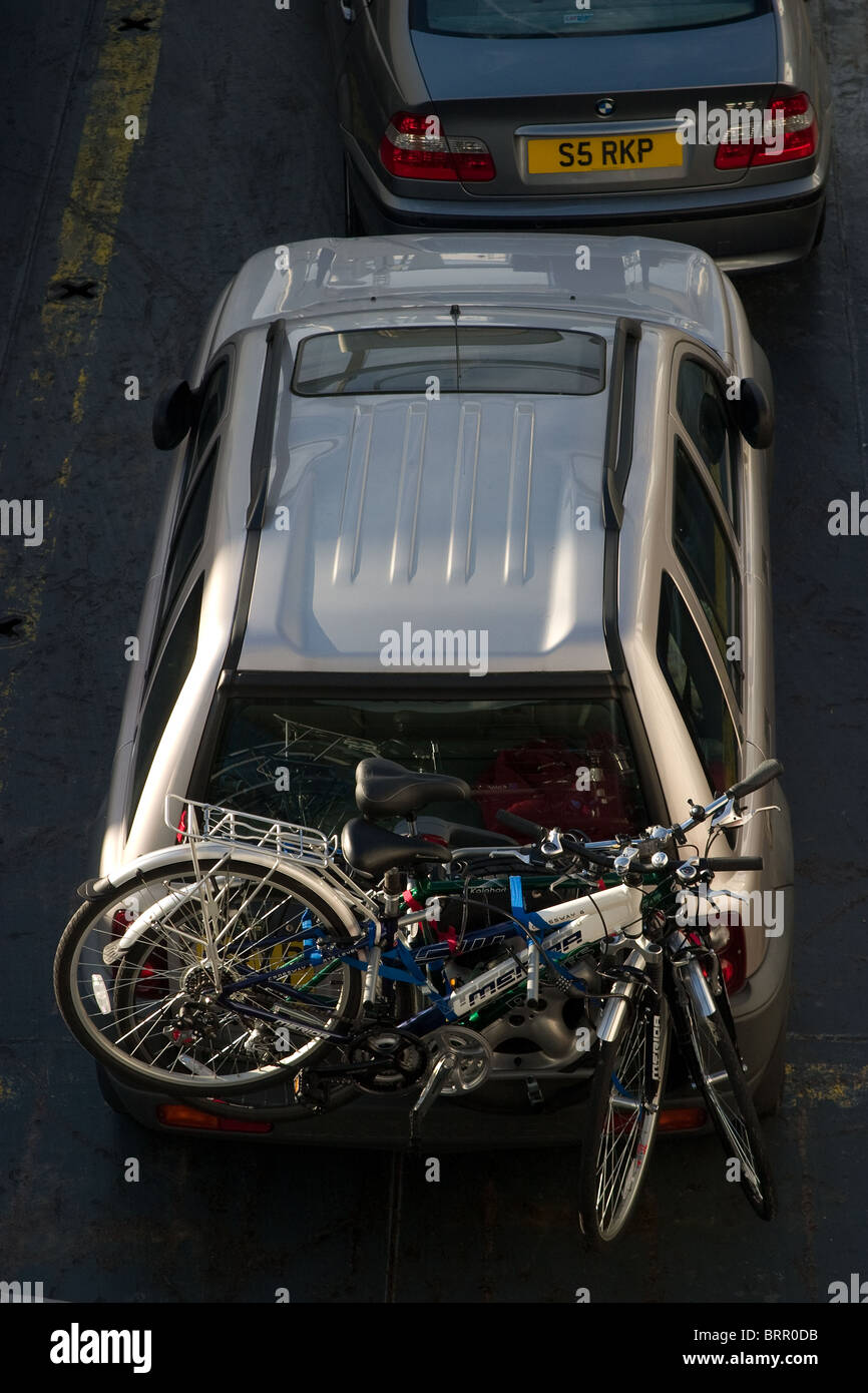 Aerial view silver car bikes attached rear estate Stock Photo - Alamy