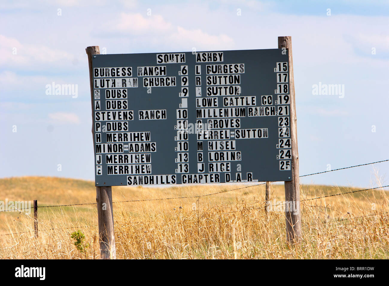 A sign in rural Nebraska marking destinations along a mostly disused road, May 29. 2010. Stock Photo
