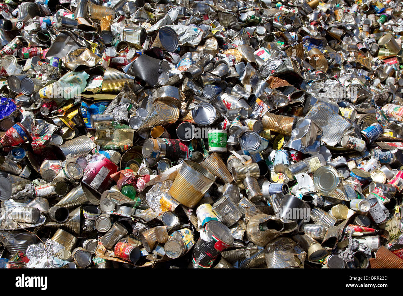 Tin cans at recycling center, metal recycling, up close Stock Photo