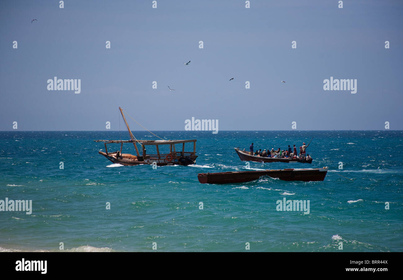 Fishing boats off the coast of Zanzibar Stock Photo