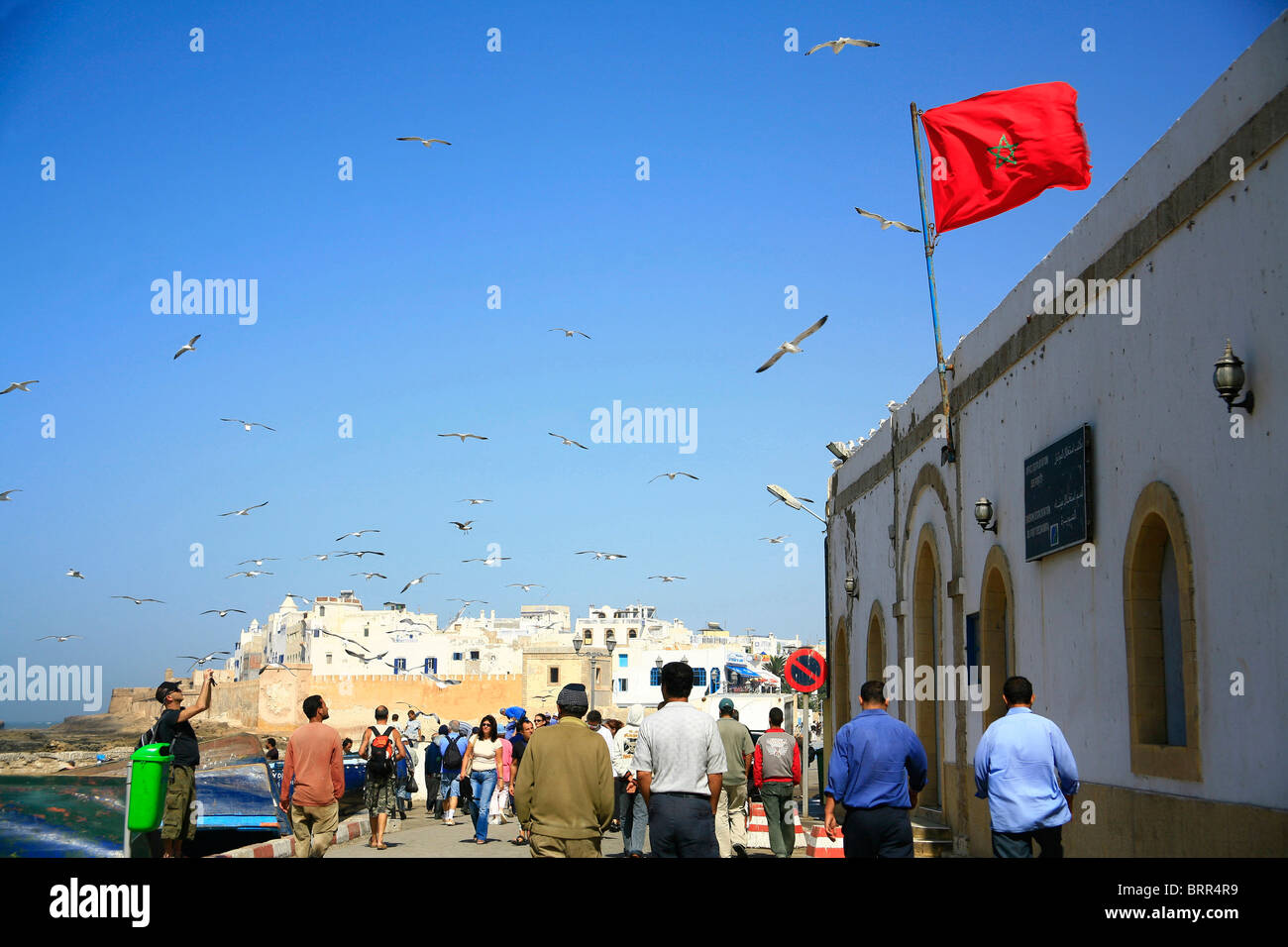 People walking along the seafront at Essaouira with seagulls flying overhead Stock Photo