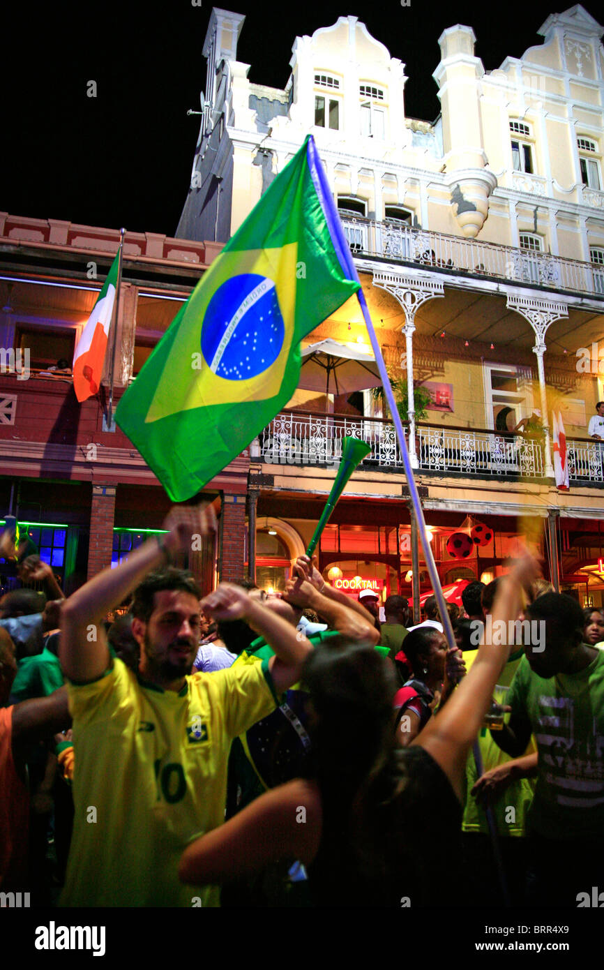 Brazilians fans celebrations in Long Street after the 2010 Soccer World Cup draw. Stock Photo