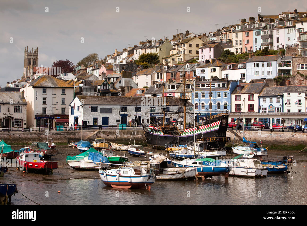 UK, England, Devon, Brixham boats in the harbour moored beside Golden Hind replica ship Stock Photo