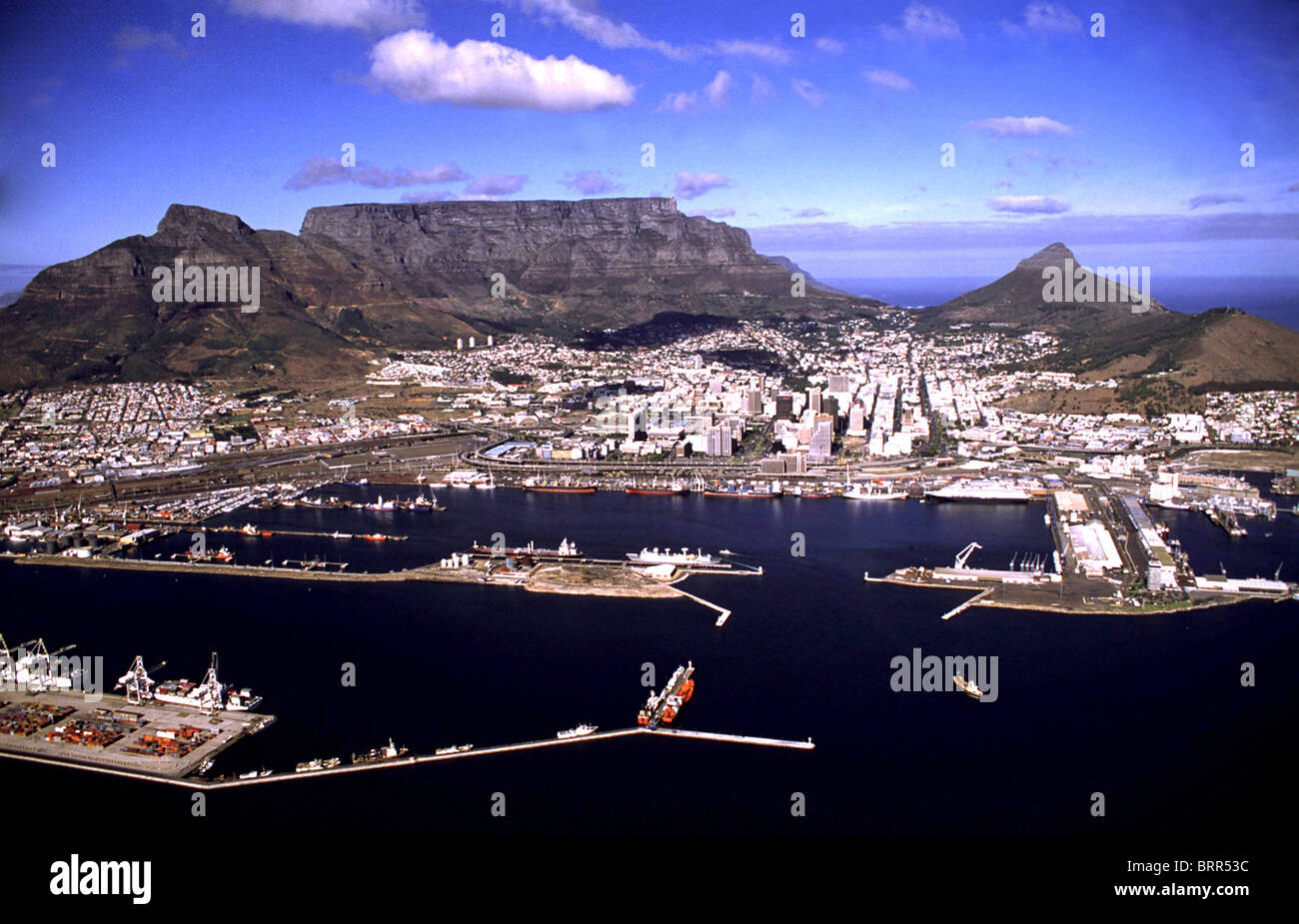 Aerial View over Cape Town harbour with Table Mountain and Lions Head in the background Stock Photo