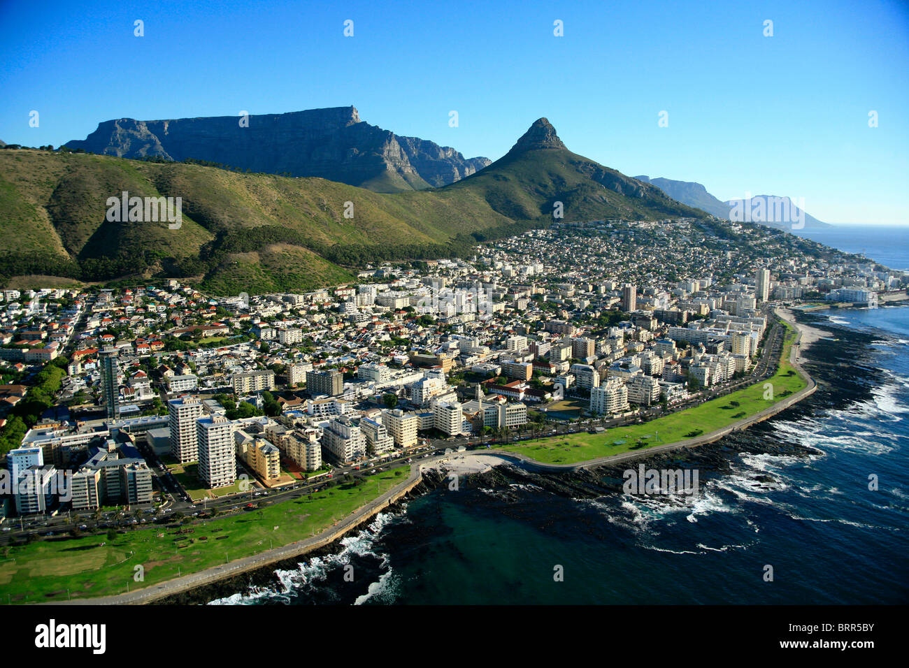 Aerial view over Sea Point buildings with Lions Head and Table Mountain in the background Stock Photo