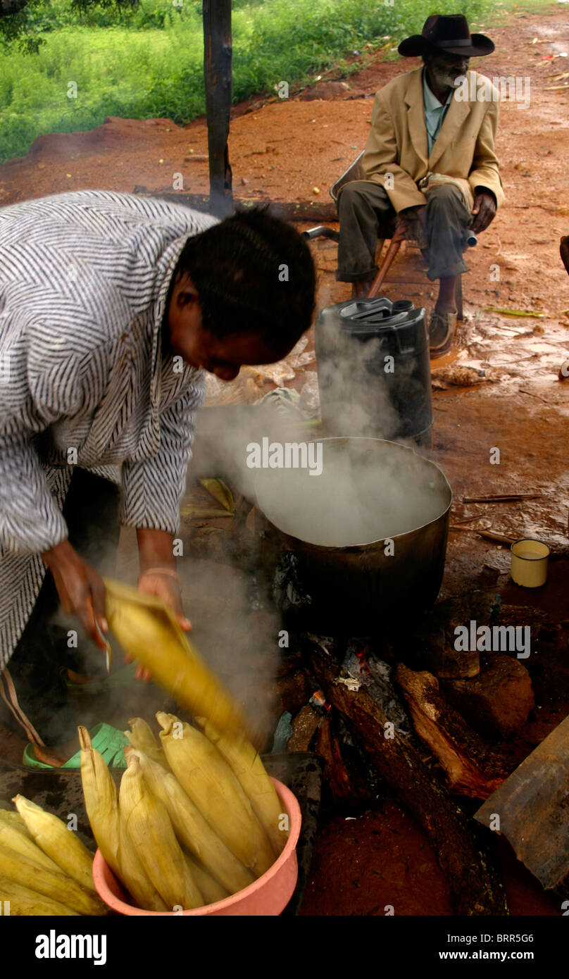 Local woman cooking mielies at a roadside stall Steam Stock Photo Alamy