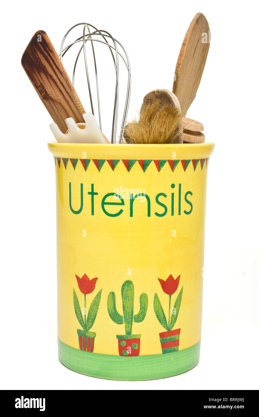 A selection of Kitchen Utensils in ceramic pot isolated on white Stock Photo Alamy