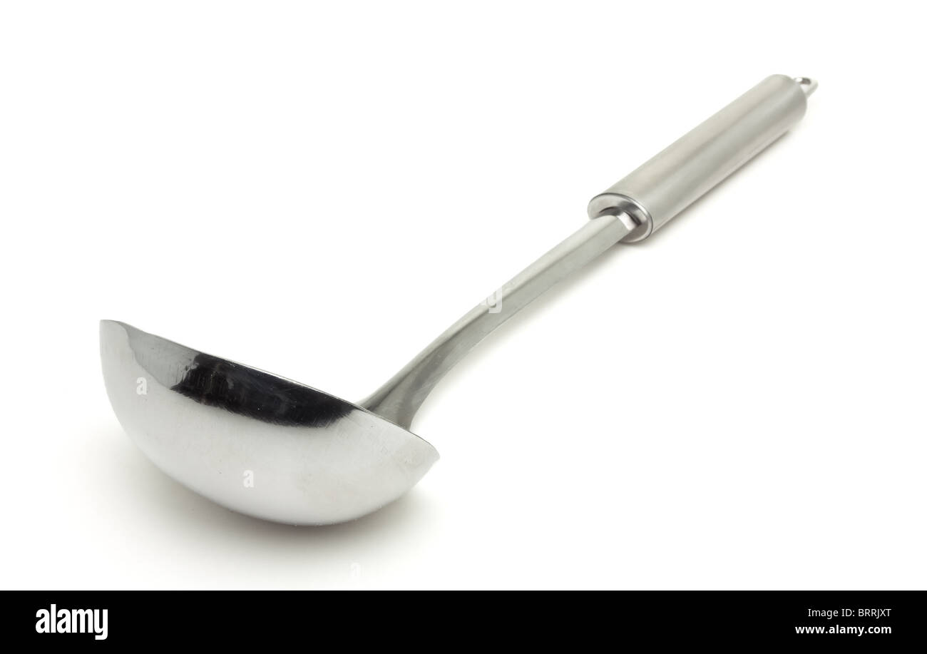 Stainless Steel kitchen Ladle from low perspective isolated on white. Stock Photo