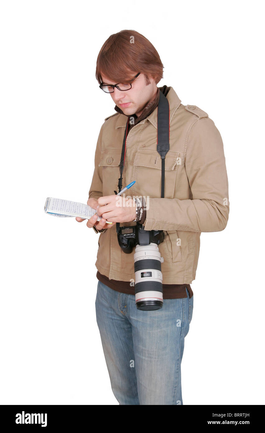 one adult male reporter journalist with notepad facing front toward