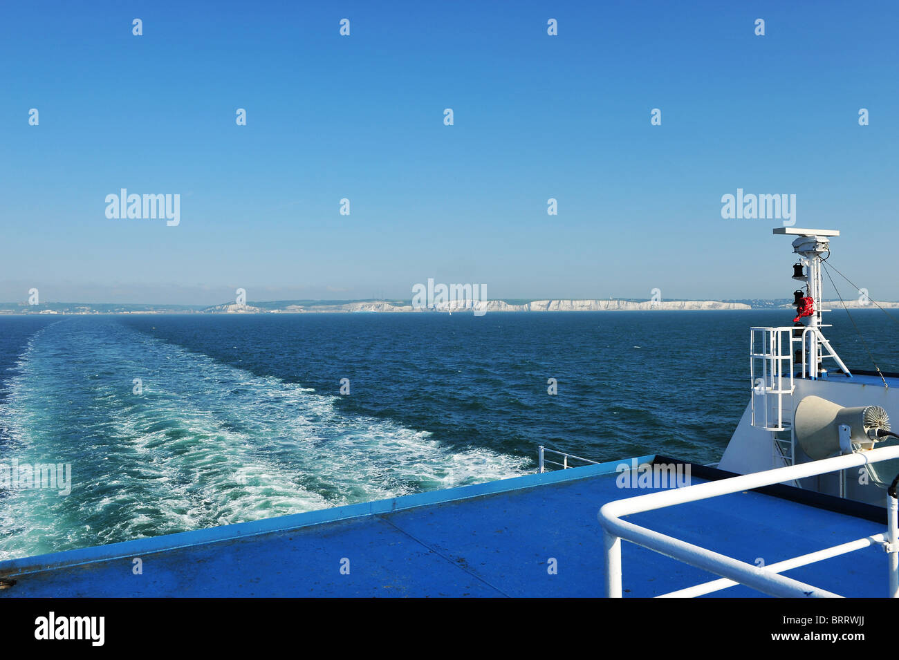 View from the rear of a ship as it sails across the English Channel between Dover, England and Calais, France. Stock Photo