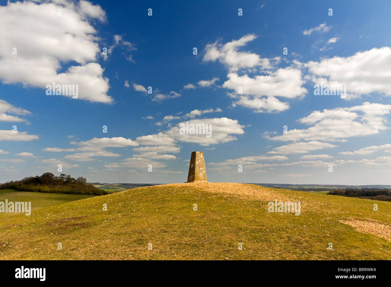 Ordnance Survey triangulation or trig point at Danebury Hill Fort near Andover in Hampshire England UK Stock Photo