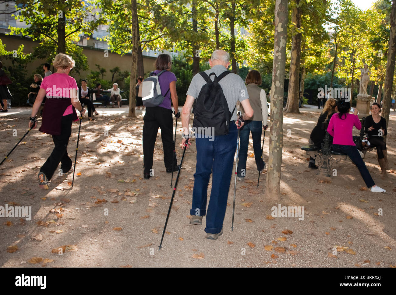 Paris, France, groups of people in park of Seniors Exercising, Nordic Walking in Luxembourg Gardens, Urban Park, Jardin du Luxembourg, elderly people holiday europe, french old man, ville de Paris nature, Rear view of group of seniors Stock Photo