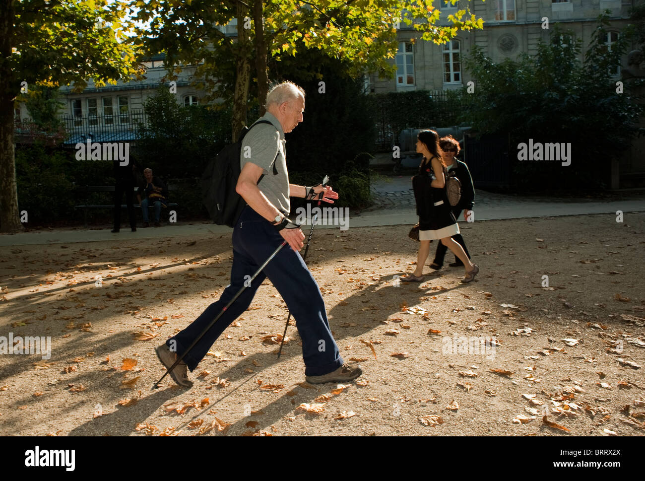 Paris, France, Senior Man Exercising, Nordic Walking in 'Luxembourg Gardens', 'Jardin du Luxembourg' elderly people, retirement pensioners fun; french old man Stock Photo