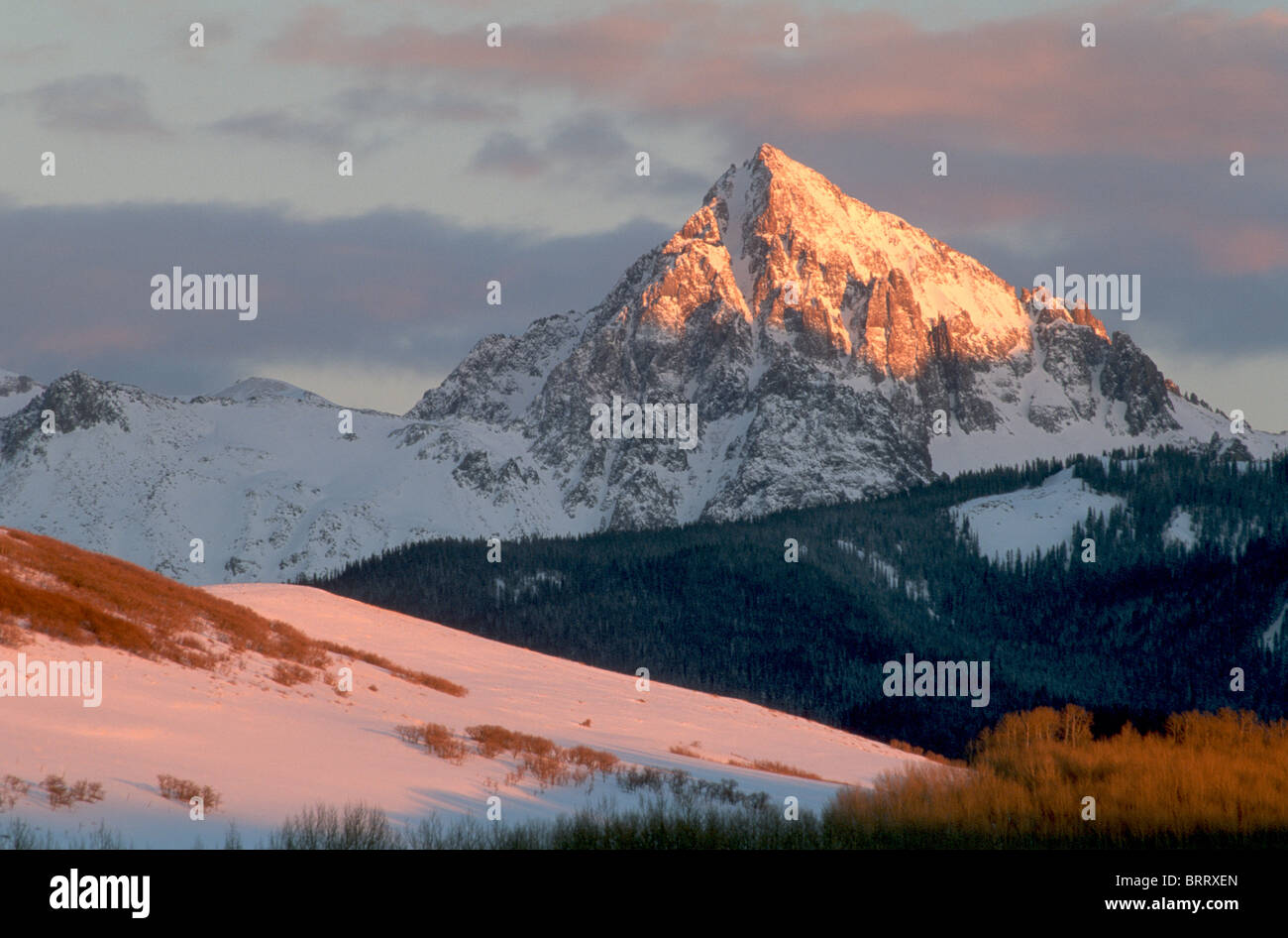 Mountain of Sneffels Range, winter, sunset from Last Dollar Road near Ridgeway, Colorado, USA Stock Photo