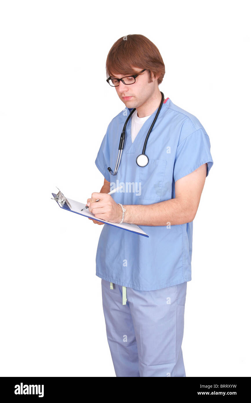one man medical doctor guy in blue scrubs over white Stock Photo - Alamy