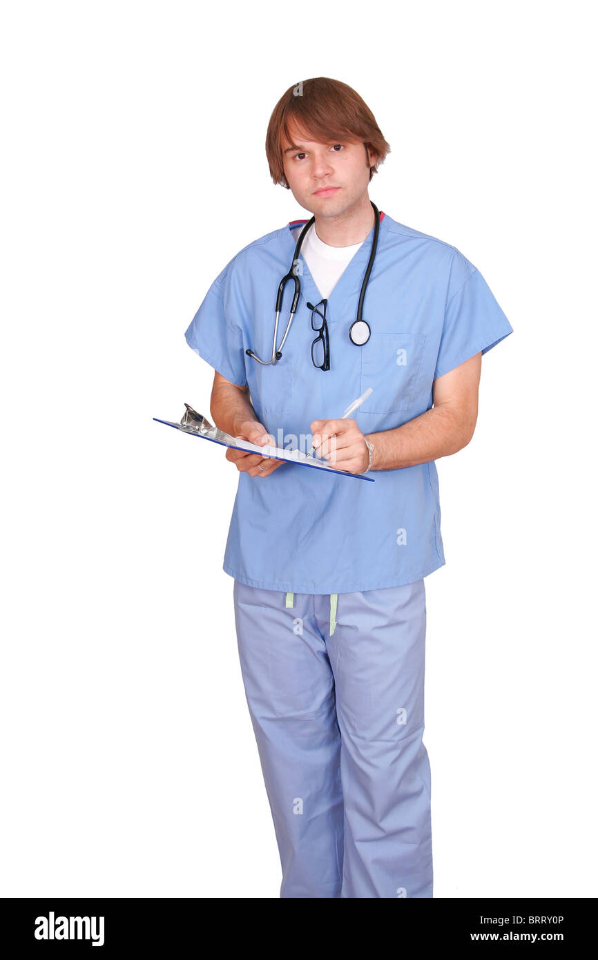 one man medical doctor guy in blue scrubs over white Stock Photo Alamy