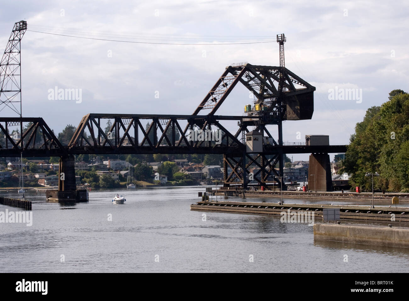 BNSF Railroad Bascule bridge at Ballard Locks Lake Washington Ship
