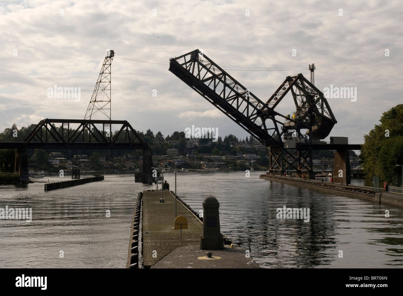 BNSF Railroad lifting bridge at Ballard Locks Lake Washington Ship