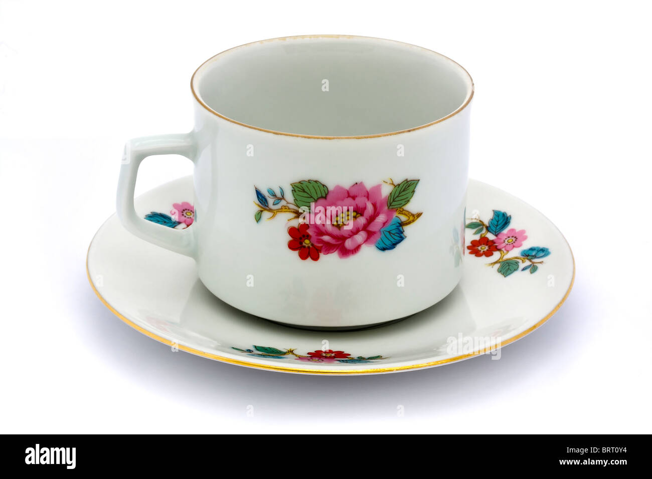 floral tea cup and saucer on a white background Stock Photo Alamy