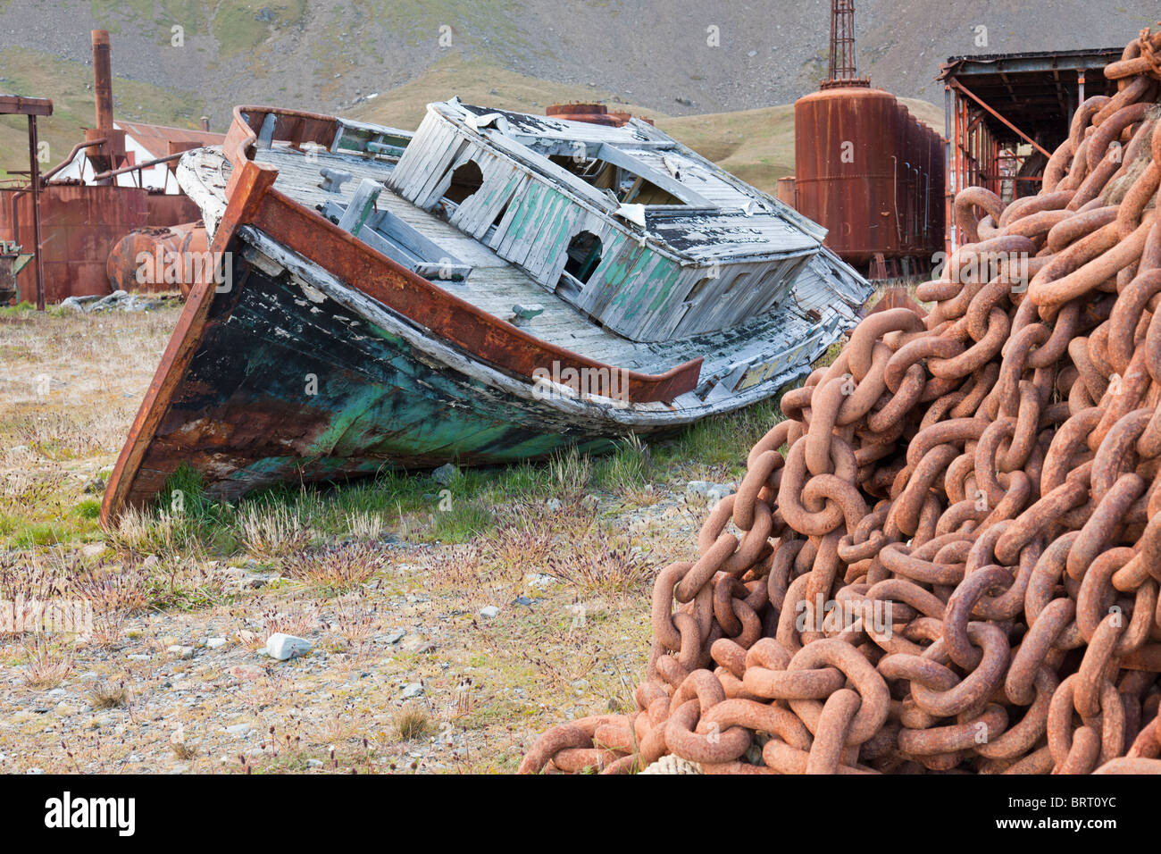 Relic ships at the old whaling station of Grytviken, South Georgia Island Stock Photo