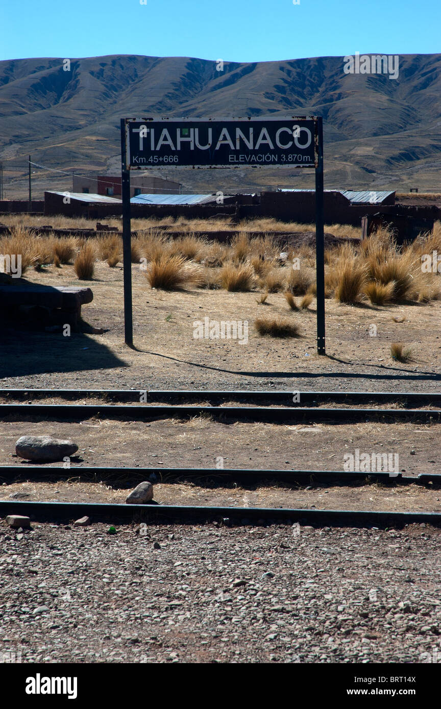 The Railway Station sign at the town of Tiwanaku, Tiahuanaco, Bolivia. Stock Photo