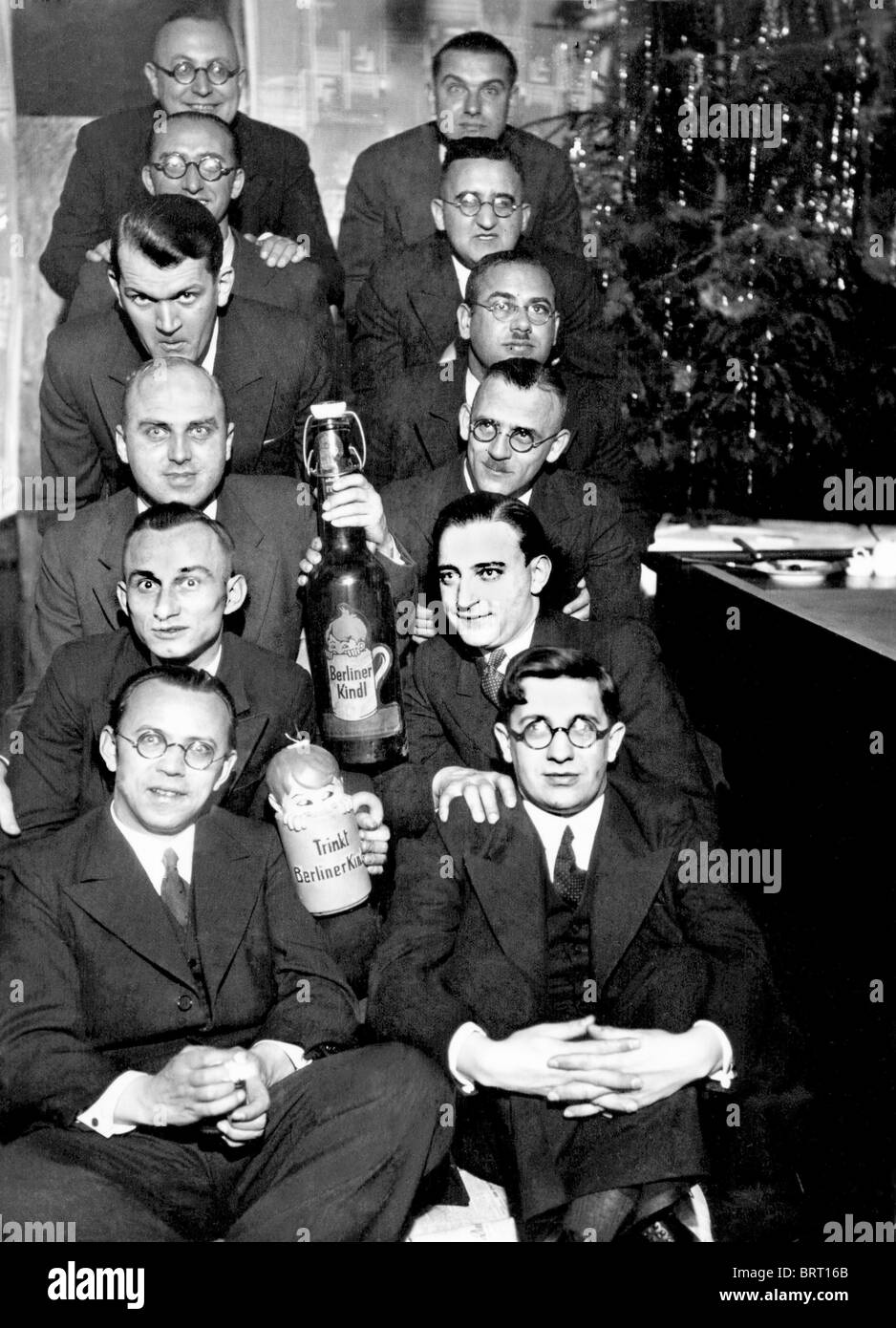 10 men celebrating Christmas, historic photograph, around 1932 Stock Photo