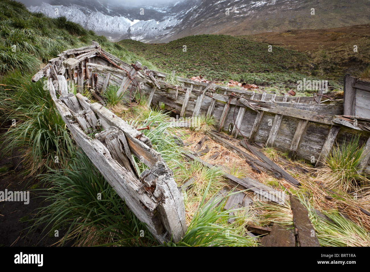 Early 1900's whaling station remnant boats, Godthul Bay, South Georgia Island. Stock Photo