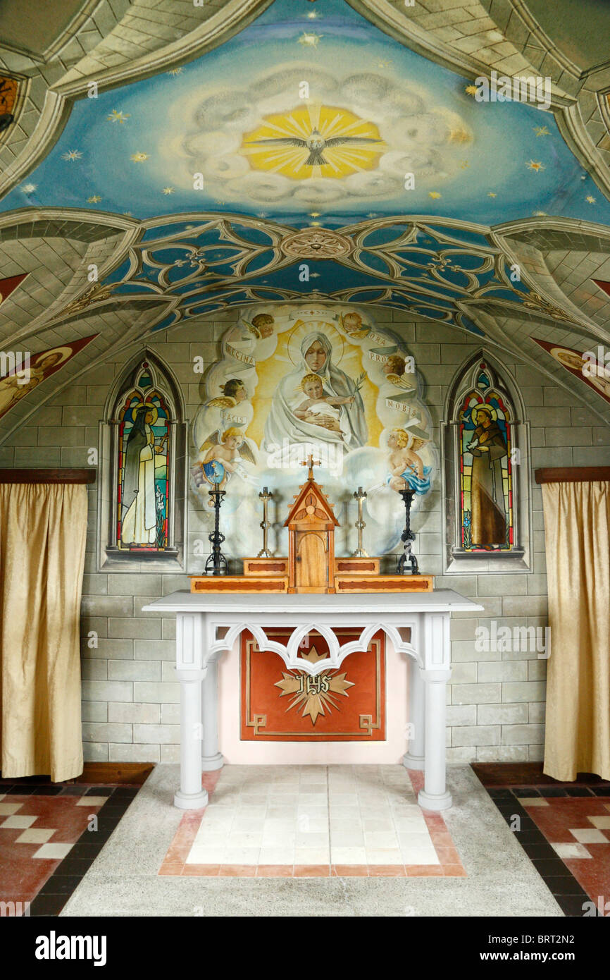 Eastern end of the Italian Chapel, Lambs Holm, Orkney, Scotland. Decorated by Italian PoWs in WW2. Stock Photo