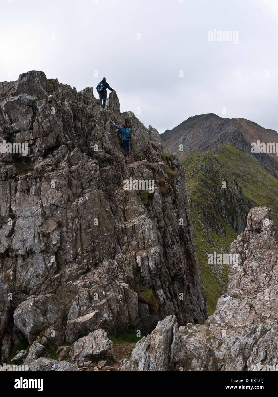 Scramblers climb the final pinnacle of Crib Goch on the popular Snowdon Horseshoe ridge walk Stock Photo