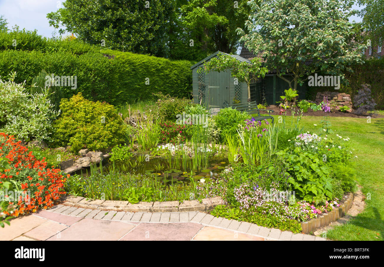 Back garden with pond and garden shed, Wirral, Merseyside, England Stock Photo